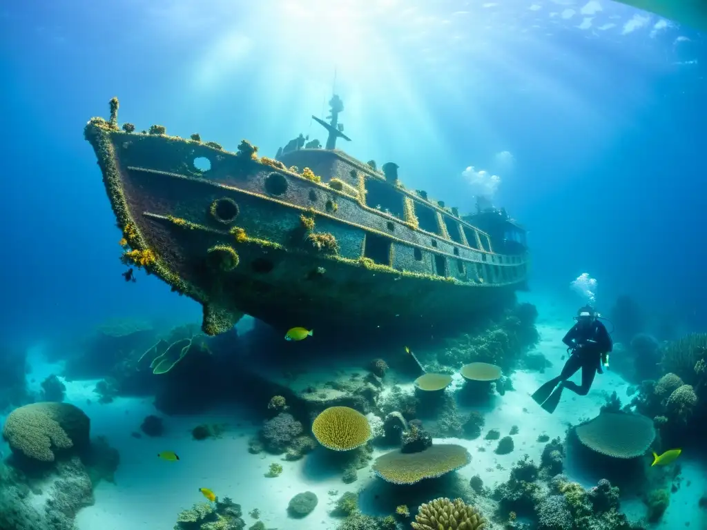 Arqueólogos submarinos documentan naufragio en Melanesia Equipo de arqueólogos submarinos documentando naufragio histórico en aguas de Melanesia entre arrecifes y peces tropicales