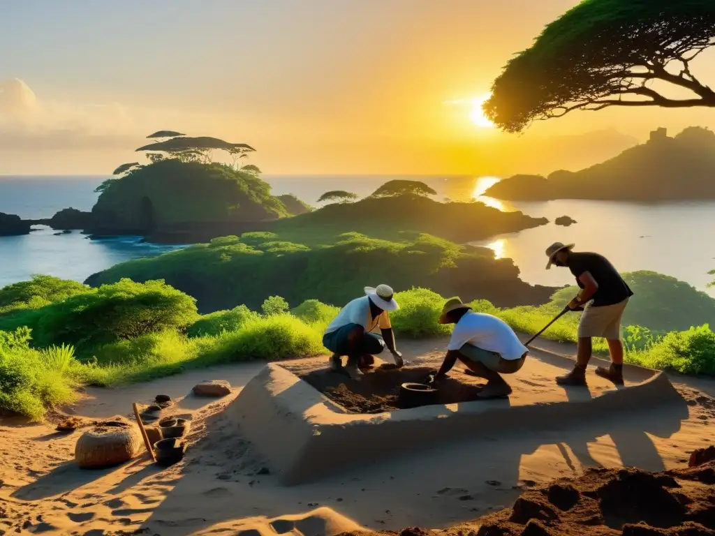 Excavación arqueológica al atardecer en isla remota Un equipo de arqueólogos descubre tesoros en una isla remota al atardecer