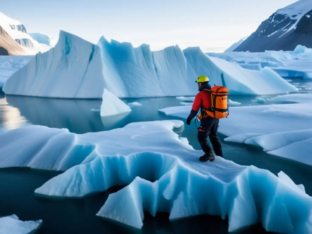 Exploración de hielo en Groenlandia: científicos desentrañando misterios Equipo de científicos explorando vida en el glaciar de Groenlandia, en un paisaje sereno y helado, bañado por la cálida luz del sol poniente