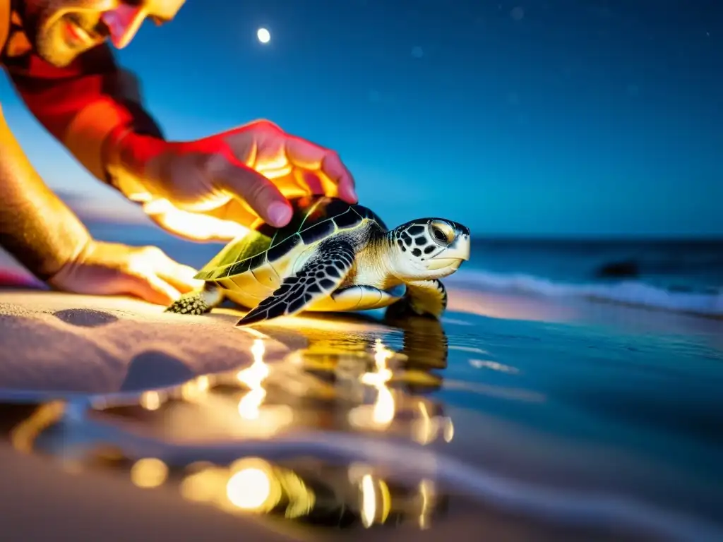 Emocionante liberación de tortugas marinas bajo la luna Un equipo de conservacionistas libera con cuidado crías de tortugas marinas en aguas iluminadas por la luna en una isla remota