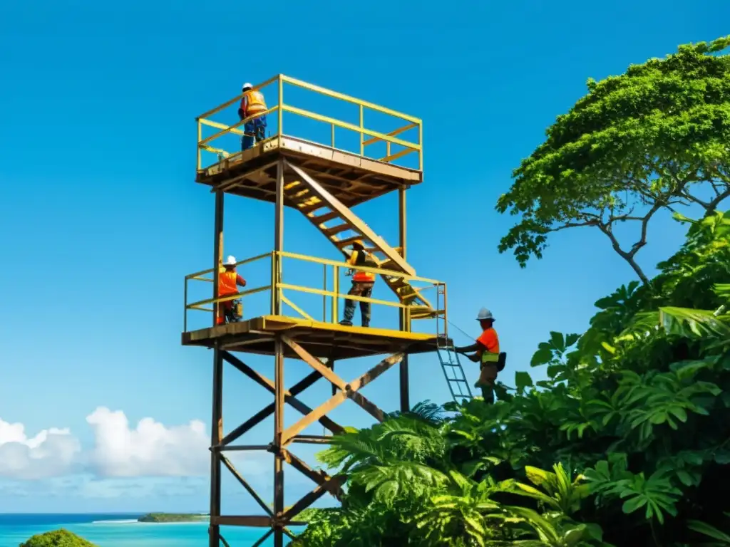 Construcción de torre de vigilancia en isla tropical Equipo de construcción erigiendo atalaya en isla tropical para vigilancia en isla privada