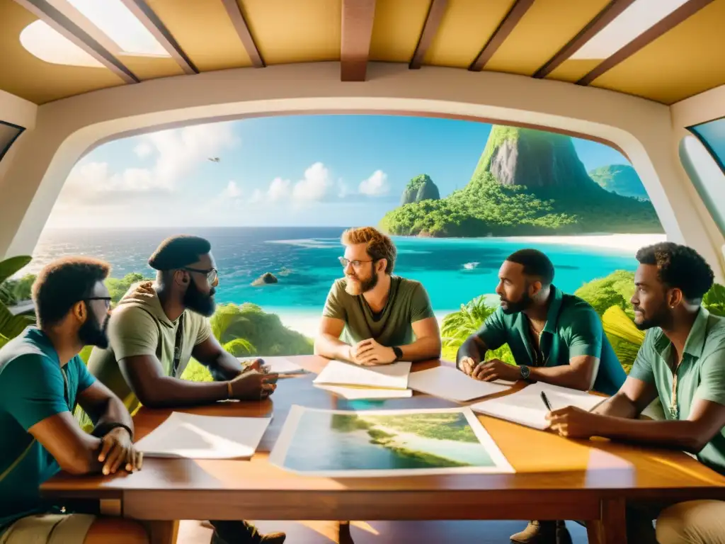 Desarrollo de juego en isla remota: inspiración y creatividad Un equipo de desarrolladores de videojuegos discute ideas para un nuevo juego de exploración en islas remotas, inspirados por la naturaleza exuberante y la creatividad del entorno