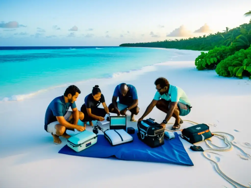 Expedición ecológica al amanecer en el Archipiélago de Chagos Equipo preparando exploración responsable del archipiélago de Chagos en paradisíaca playa al amanecer