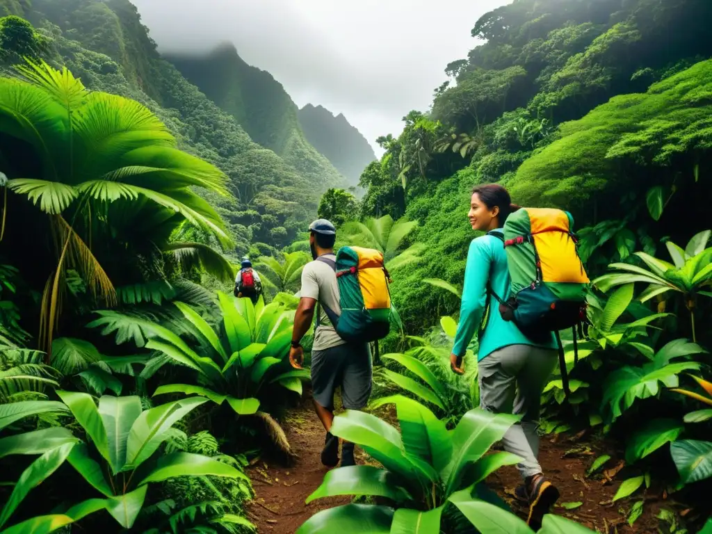 Exploradores en la selva: desafío tropical en isla remota Equipo explorador en selva exuberante de isla remota, mostrando determinación y entrenamiento físico para viajes a islas remotas