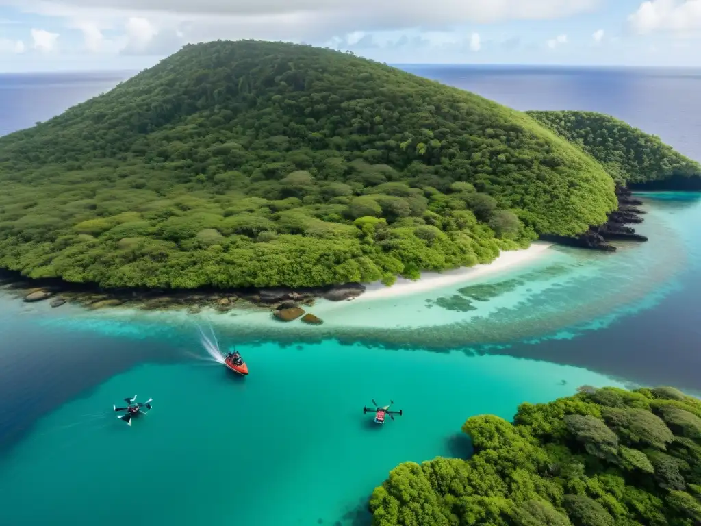 Exploración tecnológica de la vida salvaje en isla remota Equipo de investigación de islas remotas capturando su biodiversidad con tecnología avanzada