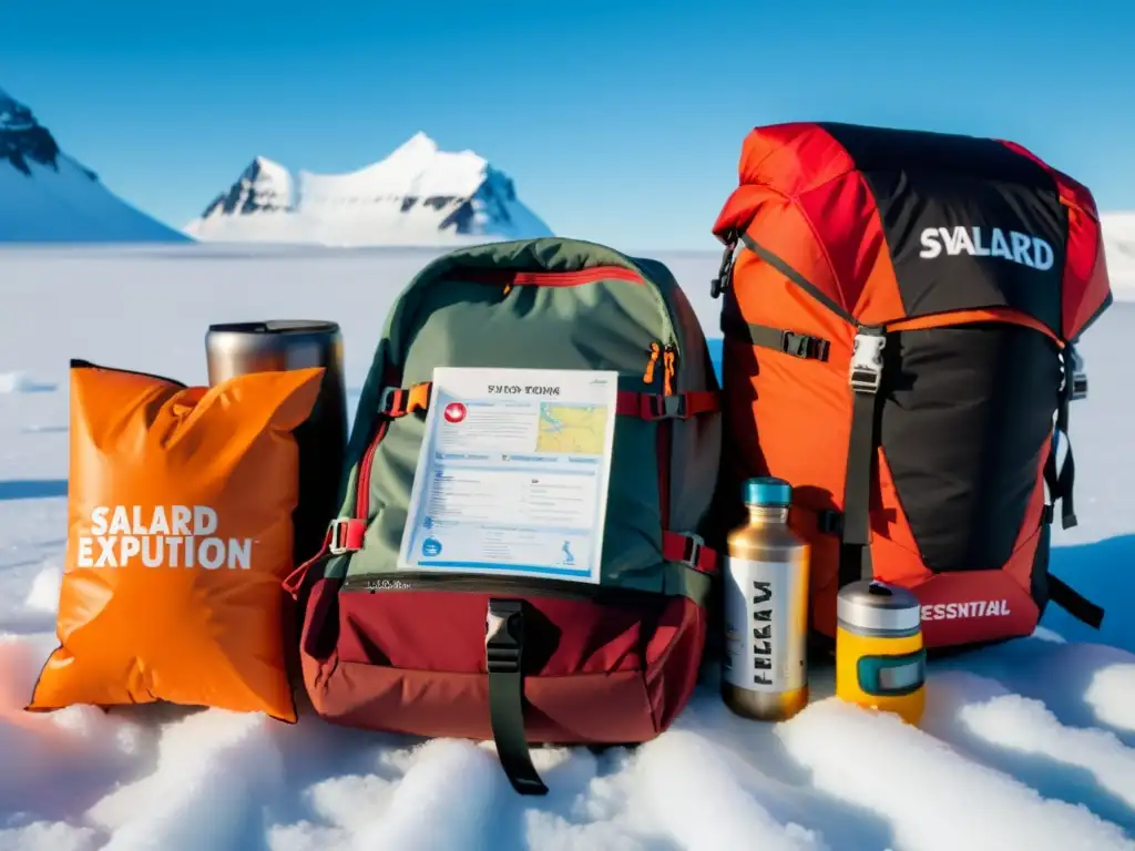 Equipo esencial para expedición invernal a Svalbard Equipo necesario para expedición Svalbard: Mochila llena de elementos esenciales para aventura invernal en la nieve de Svalbard