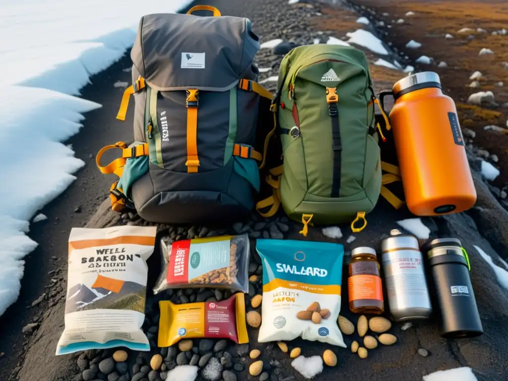 Preparación meticulosa para expedición invernal en Svalbard Equipo necesario para expedición Svalbard: Mochila bien surtida en paisaje nevado, con alimentos y termos organizados para sobrevivir en el ártico