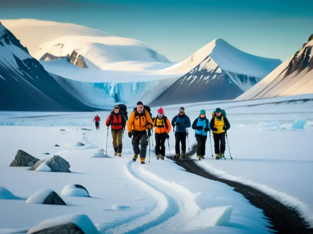 Exploradores en Svalbard: Travesía invernal entre montañas nevadas Equipo necesario para expedición Svalbard: Grupo de exploradores con ropa de invierno atraviesa el paisaje nevado, con montañas nevadas al fondo