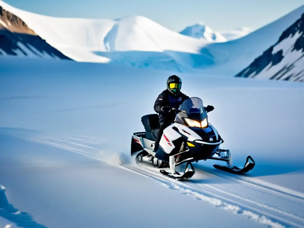 Snowmobile explorando paisaje ártico Equipo necesario para expedición Svalbard: Snowmobile surcando paisaje ártico nevado, evocando aventura y exploración
