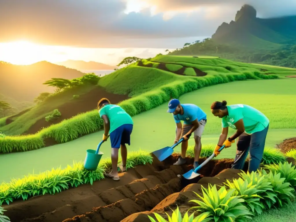 Construcción de sistema de agua sostenible en Fiji Equipo de voluntarios construyendo sistema de conservación del agua en Islas Fiji, con sol dorado al atardecer