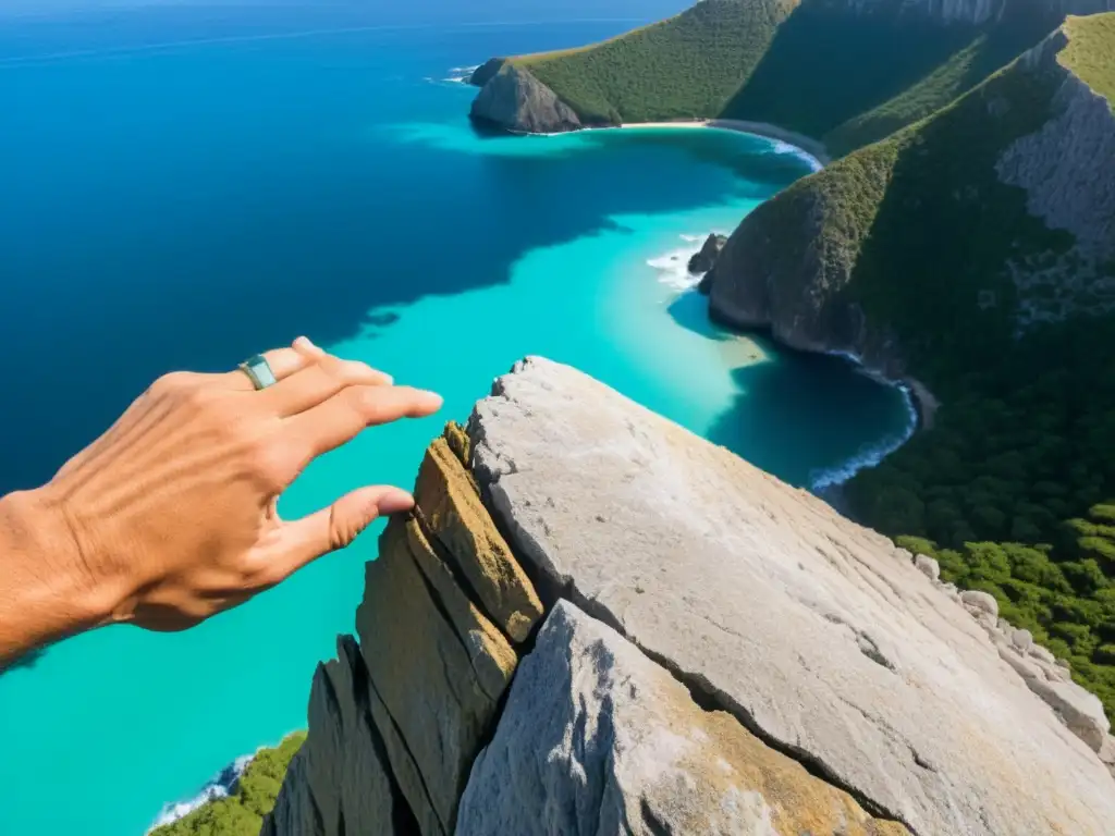 Agarre firme en acantilado remoto: escalada extrema Un escalador sin cuerdas se aferra a una roca en una isla remota, con el mar turquesa y la costa escarpada de fondo