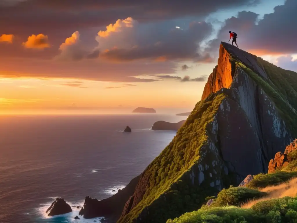 Free Solo: Escalada épica al atardecer en isla remota Un escalador solitario desafiando un acantilado en una isla remota al atardecer, en una emocionante escalada sin cuerdas