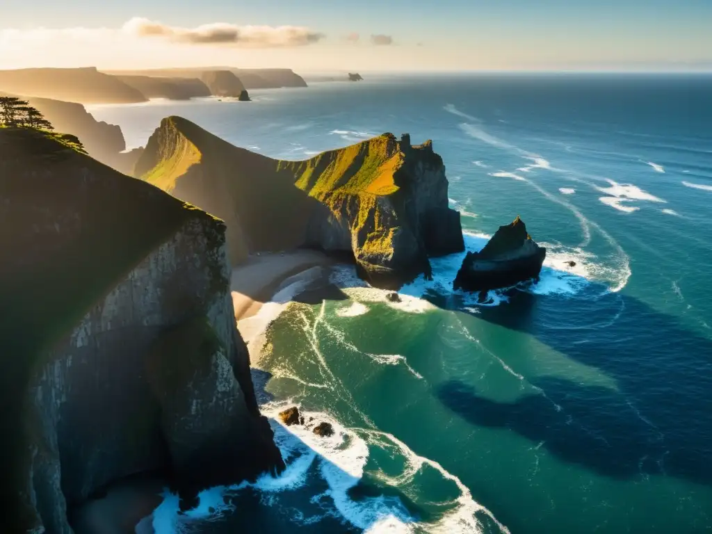 Escalada solitaria en el acantilado al atardecer Un escalador solitario sin cuerdas se aferra a una isla remota, con acantilados escarpados y olas salvajes