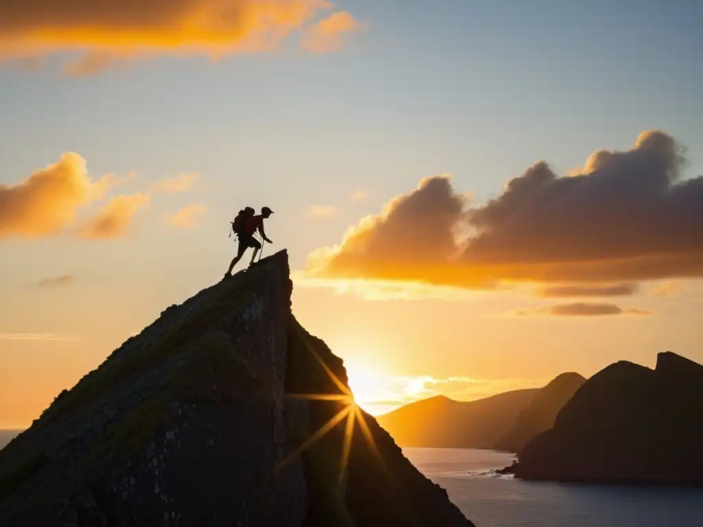 Escalada épica al atardecer en una isla remota Un escalador solitario en una isla remota sin cuerdas, desafiando un acantilado al atardecer en un escenario impresionante de pura belleza natural