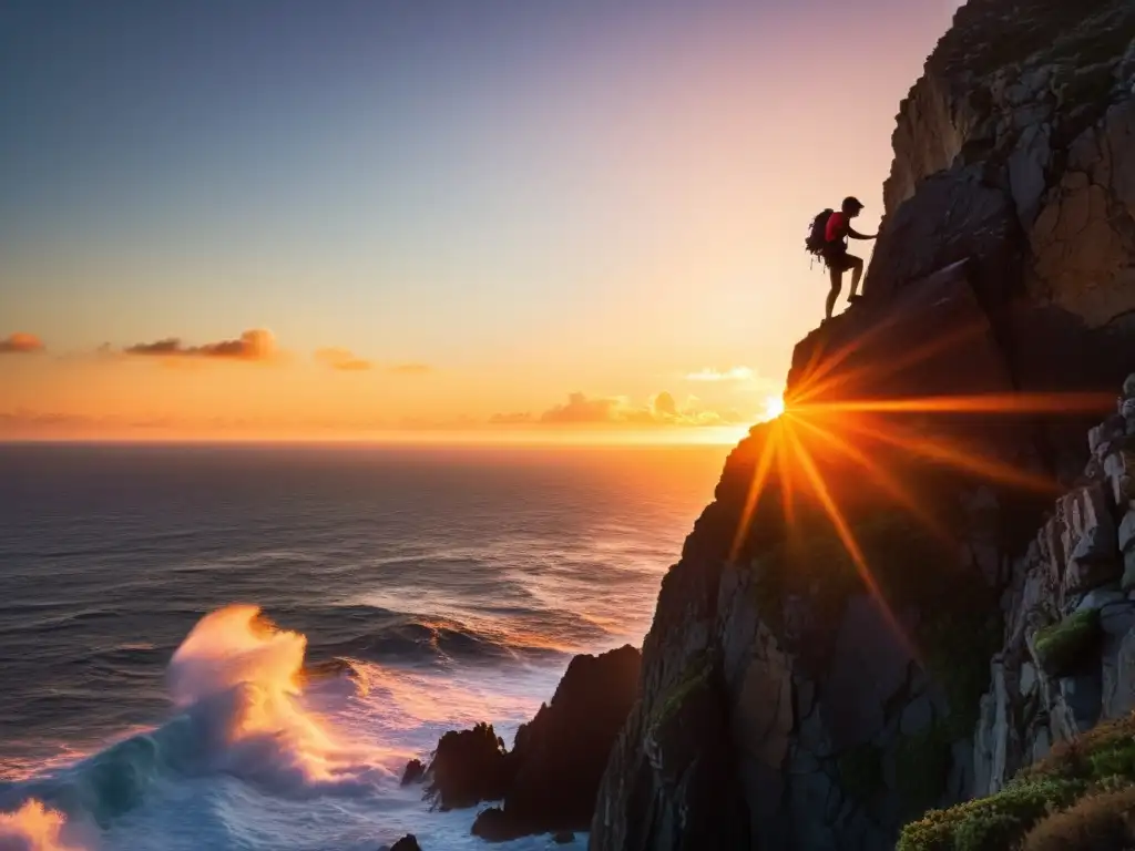 Desafío al atardecer: escalada en solitario en isla remota Un escalador solitario desafiando una isla remota al atardecer, mostrando la intensidad de la escalada en islas remotas sin cuerdas