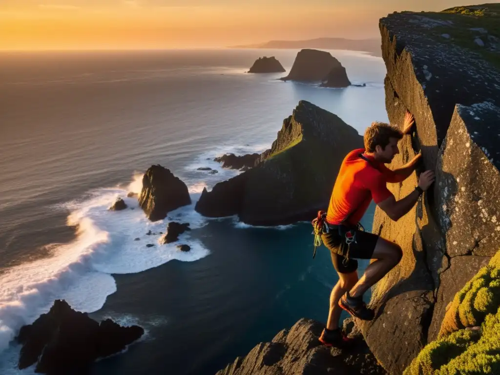 Escalada en solitario al atardecer: desafío y belleza en isla remota Un escalador solitario asciende una pared rocosa en una isla remota al atardecer, sin cuerdas, mostrando la intensa preparación física y mental requerida para la escalada en islas remotas sin cuerdas