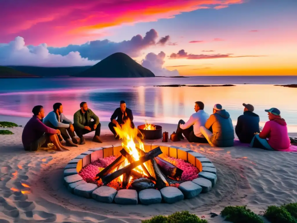 Asado en la playa al atardecer: cocinando en comunidad Una escena de cocinas al aire libre en islas remotas: locales cocinando mariscos y carnes frescas alrededor de una fogata en la playa al atardecer