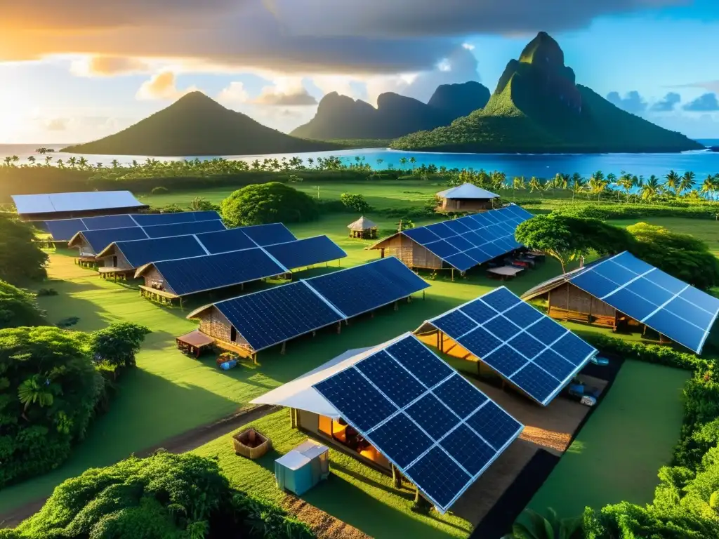 Islas del Pacífico: Tradición y Tecnología en Armonía Escena de convivencia entre tradición e innovación, con tecnología en islas del Pacífico Norte al atardecer