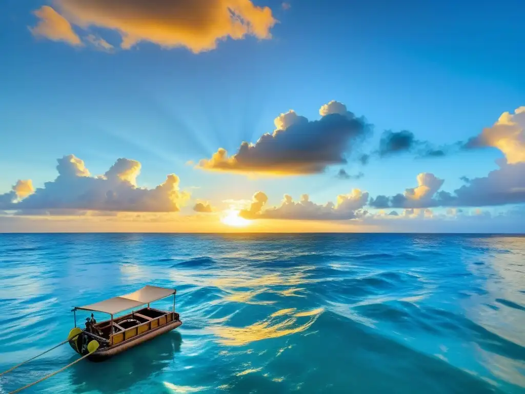 Exploración en el Pacífico: la aventura de KonTiki Una escena impactante de la inmensa y azulada isla del Pacífico, con una balsa de madera similar a la KonTiki flotando entre las olas