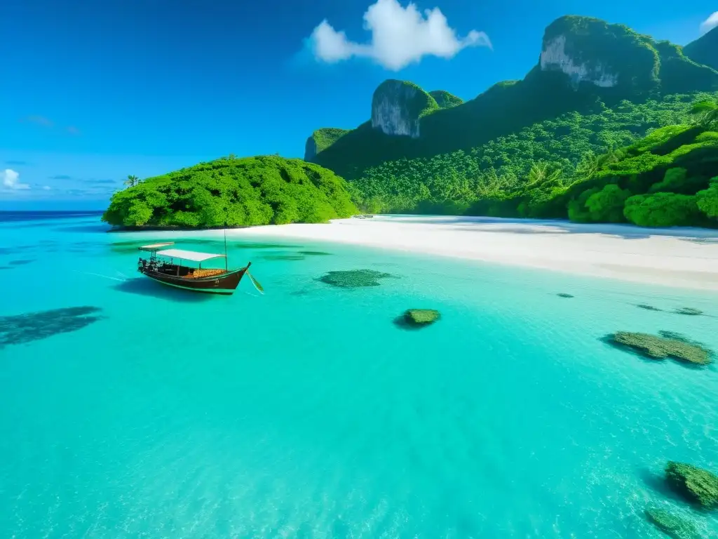 Paraíso tropical: playa de arena blanca y aguas cristalinas Escena paradisíaca en isla remota de Indonesia: playa de arena blanca, aguas turquesas, palmeras y templo antiguo
