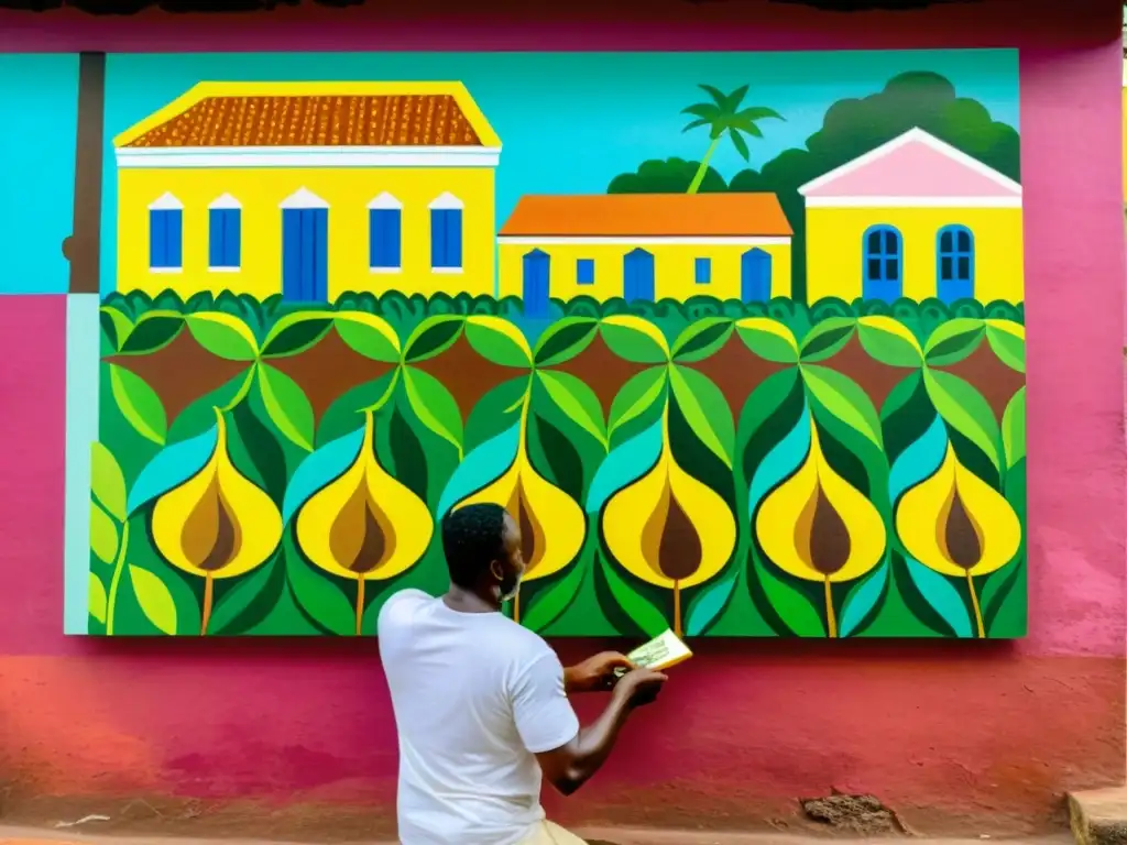 Escena vibrante de la Isla São Tomé, proceso elaboración cacao, arte y cultura cacaotera