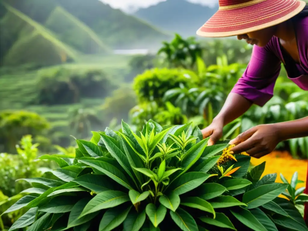Jardín de especias exóticas en isla tropical Un jardín de especias exuberante en una isla remota, donde el sol dorado resalta la belleza natural