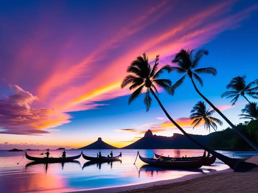 Atardecer polinesio: belleza serena y cultura única en ultrarresolución Espectacular atardecer polinesio con siluetas de palmeras, canoas y una isla volcánica, evocando la serenidad y riqueza cultural de la Polinesia