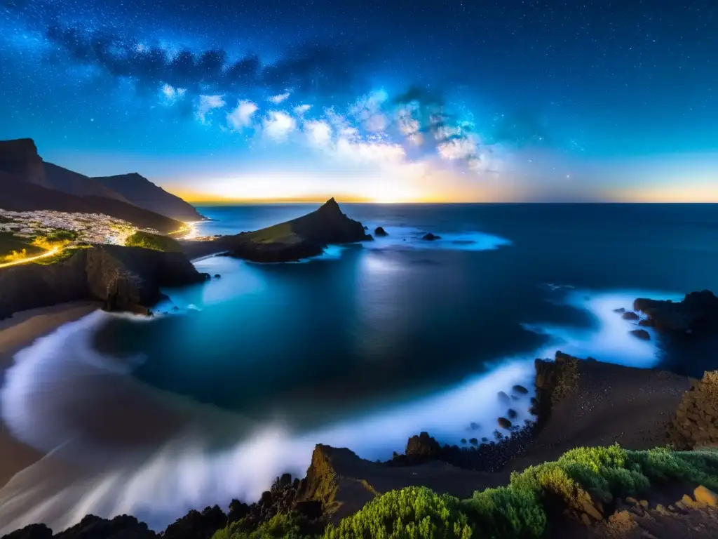Costa nocturna de las Islas Canarias: belleza estelar Espectacular fotografía nocturna en islas remotas: la costa escarpada de las Islas Canarias, la Vía Láctea, pueblos lejanos y el brillo de las olas