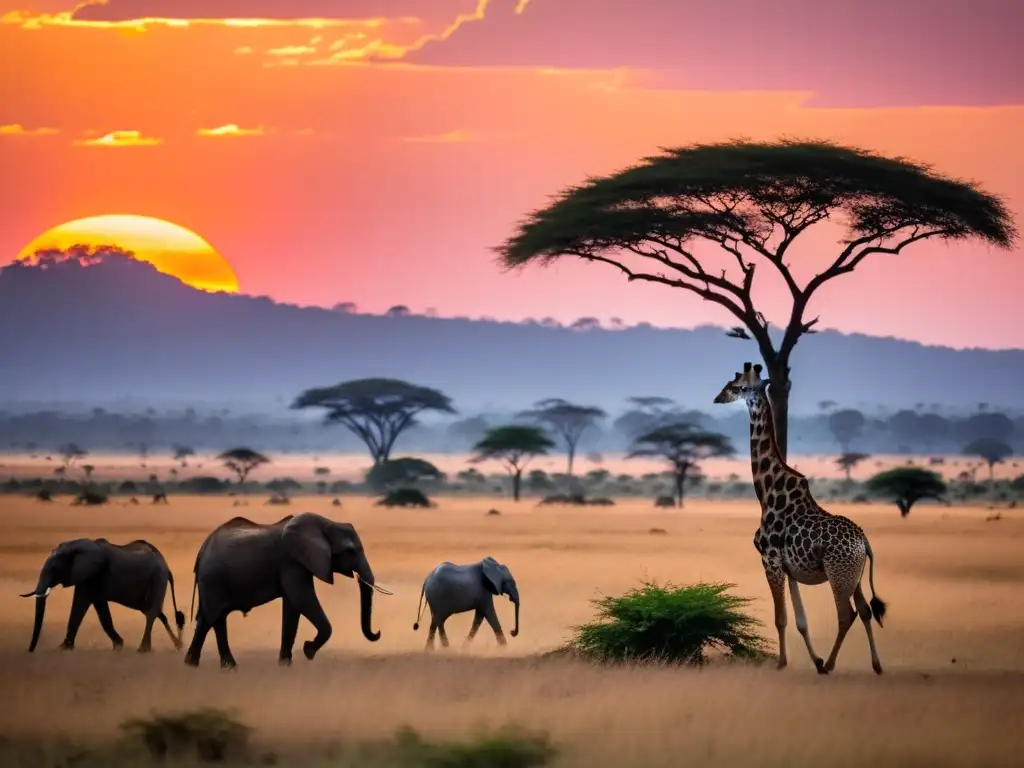 Atardecer épico en la sabana africana: girafas y elefantes en silueta Espectacular puesta de sol en la sabana, con siluetas de majestuosas jirafas y elefantes pastando en la distancia, bajo un cielo naranja y rosado