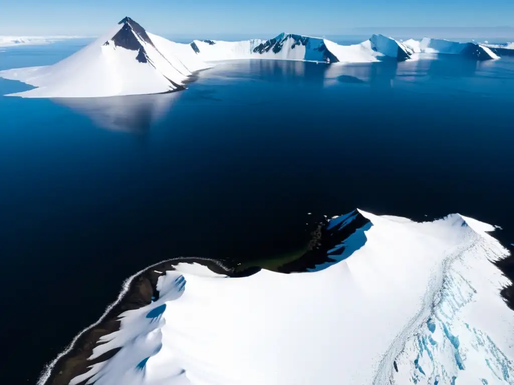 Espectacular paisaje volcánico de Jan Mayen con oso polar Espectacular vista aérea de la remota isla volcánica de Jan Mayen, con picos nevados, fiordos profundos y glaciares que llegan al mar
