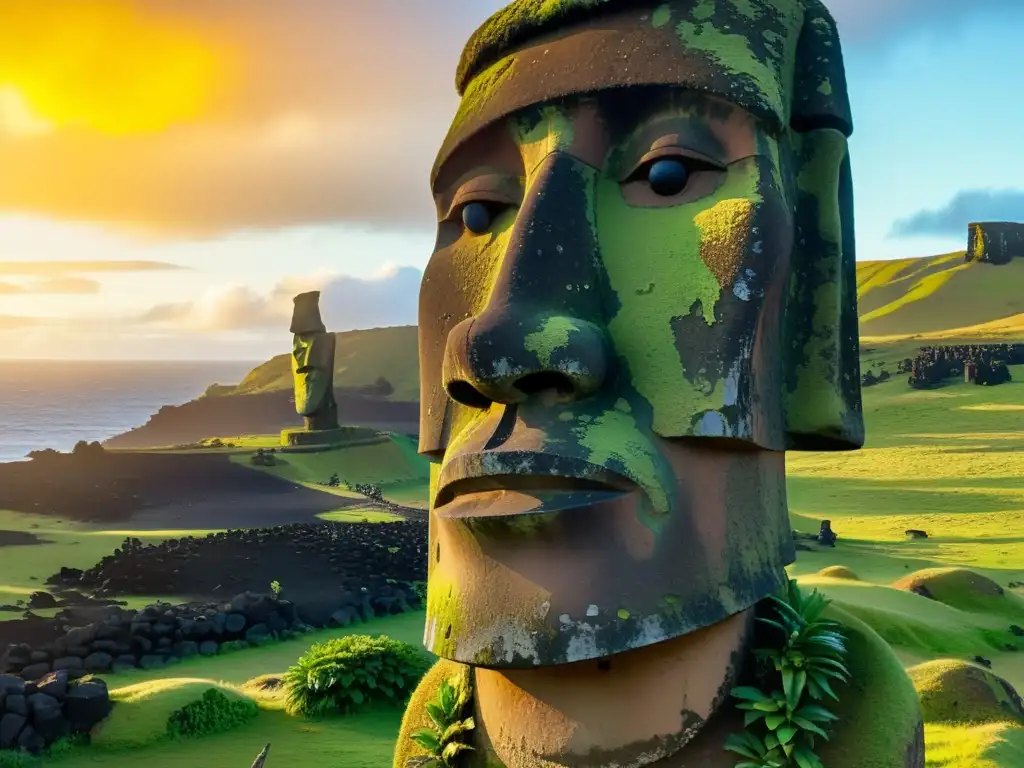 Estatua moai en la Isla de Pascua al atardecer Estatua moai desgastada en Isla de Pascua, iluminada por la cálida luz dorada al atardecer, evocando rituales ancestrales y ceremonias en la isla
