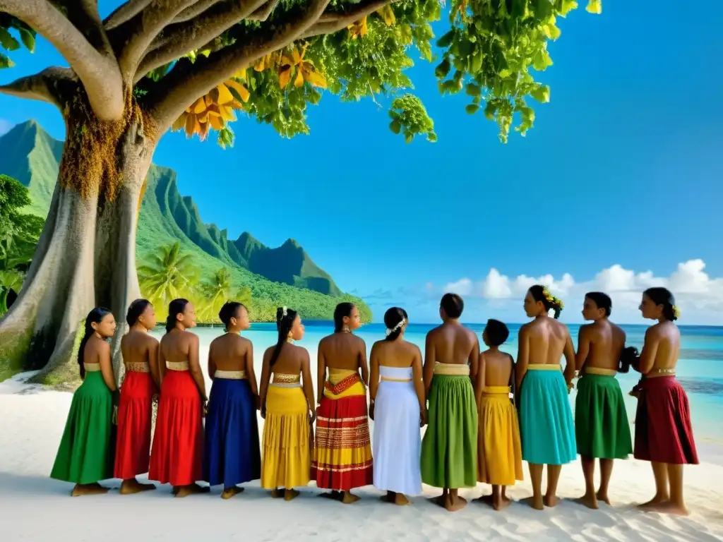 Baile tradicional en Micronesia: orgullo cultural y tradición Estudiantes de Micronesia bailan bajo un árbol, vistiendo atuendos tradicionales en vibrantes colores
