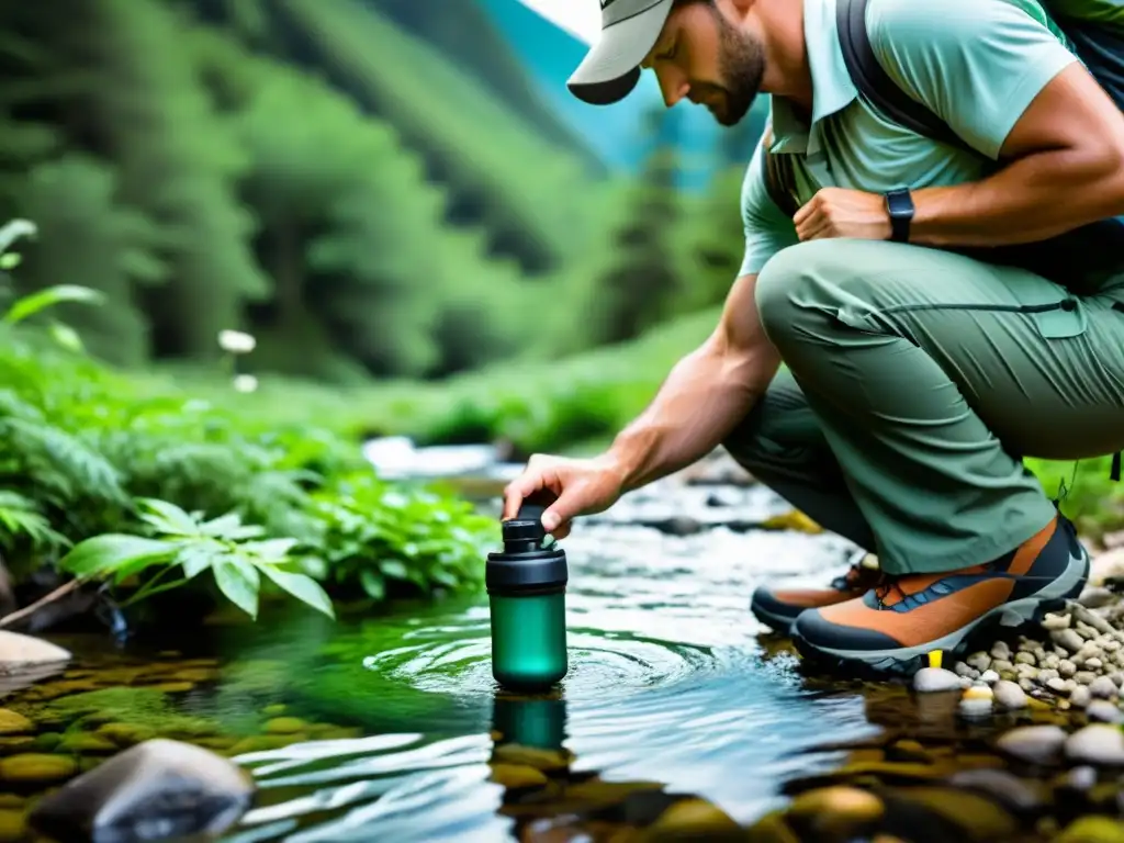 Pureza montañosa: filtrando agua cristalina en la naturaleza Un excursionista filtrando agua de montaña en destinos remotos