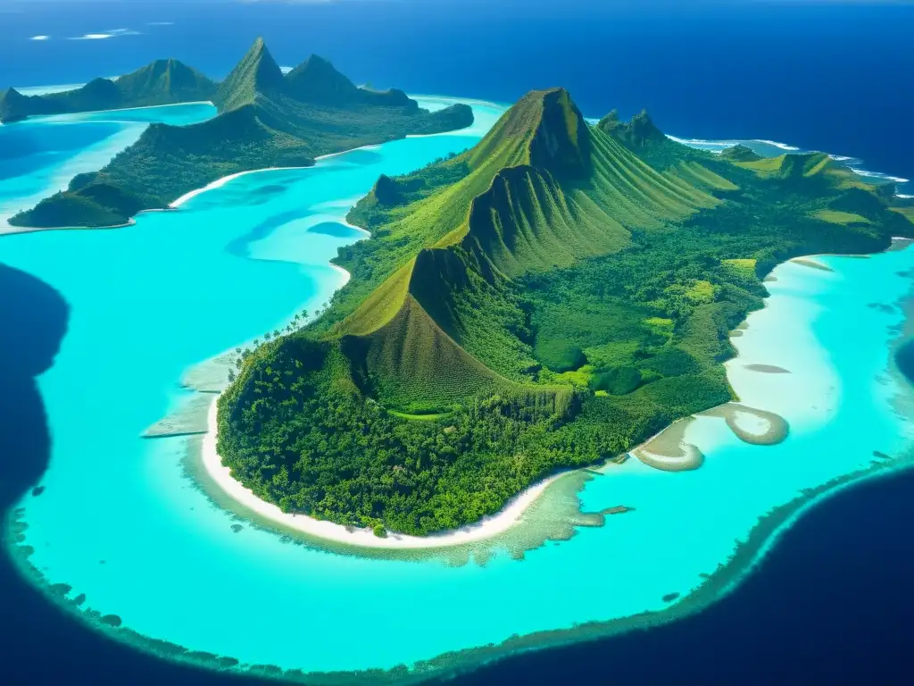 Espectacular vista aérea de las exuberantes islas de Polinesia Experiencias de expatriados en Polinesia: Un paraíso terrenal con paisajes exuberantes y aguas turquesas cristalinas