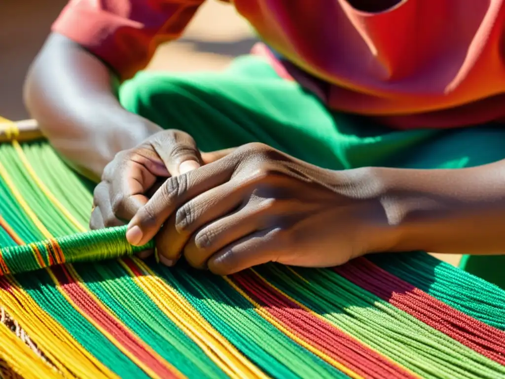 Arte Malgache: Tejido de Raffia en Detalle Un experto artesano malgache teje con destreza rafia de colores vibrantes, mostrando arte vibrante y paleta cromática Madagascar
