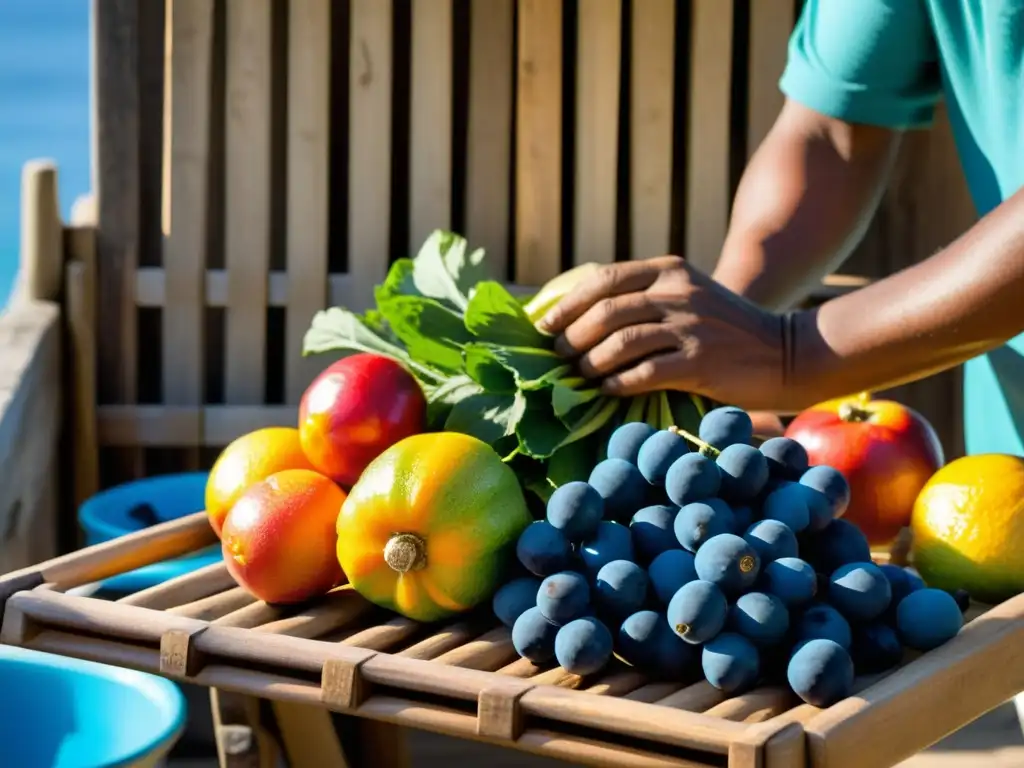 Secado tradicional de frutas y verduras en isla remota Un experto isleño conserva frutas y verduras al sol en una remota isla