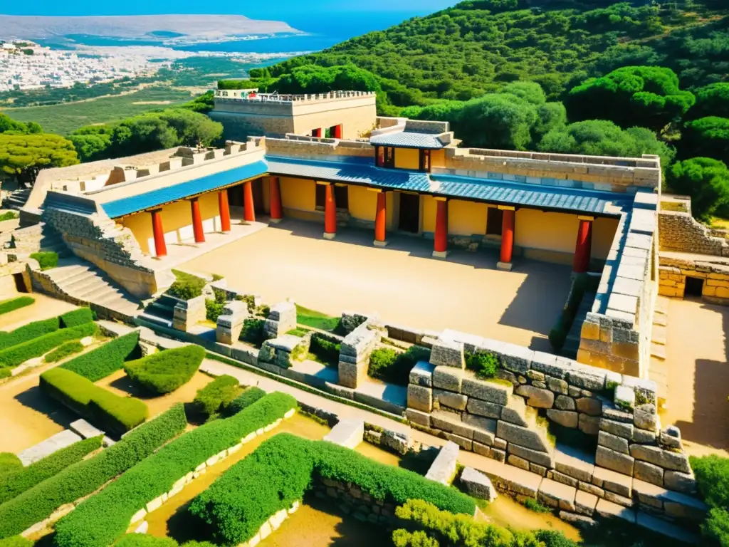 Palacio de Knossos: Ruinas ancestrales en Crete Exploración de la civilización minoica en Creta: Vista aérea de las antiguas ruinas del Palacio de Knossos, con visitantes y exuberante paisaje