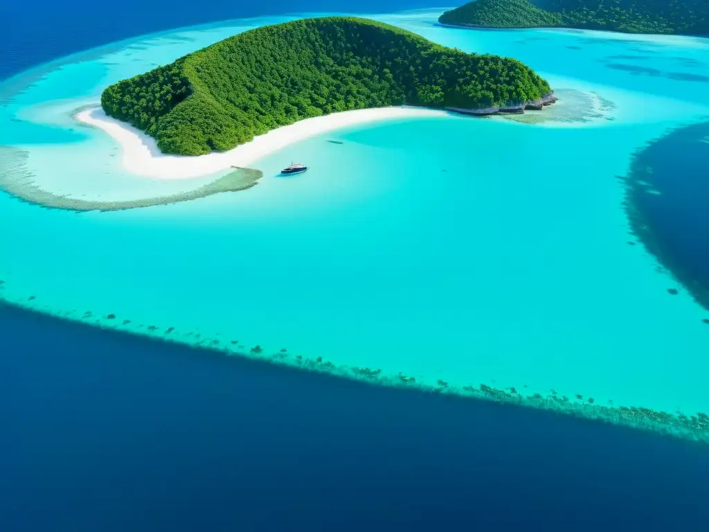 Isla remota: paraíso aislado de aguas turquesas Exploración digital de islas remotas: Fotografía aérea de una isla remota rodeada de aguas cristalinas y exuberante vegetación