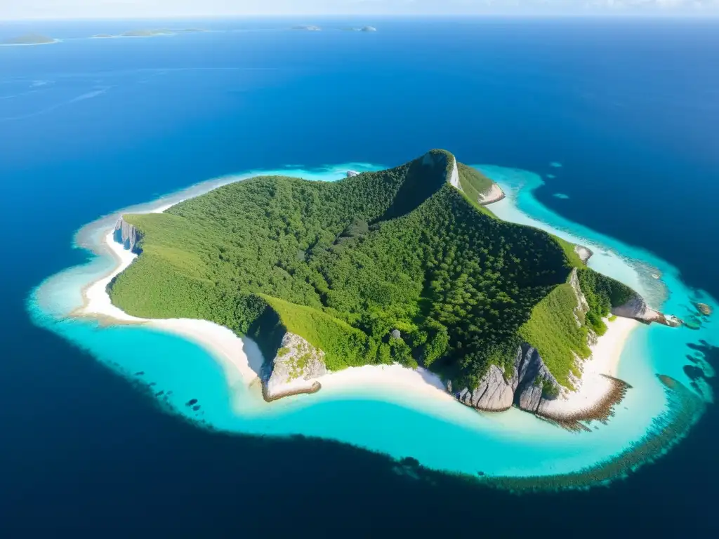 Isla remota: belleza natural en aguas turquesas Exploración digital de islas remotas: Vista aérea impresionante de una isla remota, rodeada de aguas turquesas cristalinas y cubierta de exuberante vegetación, con una costa rocosa y un resplandor dorado del sol