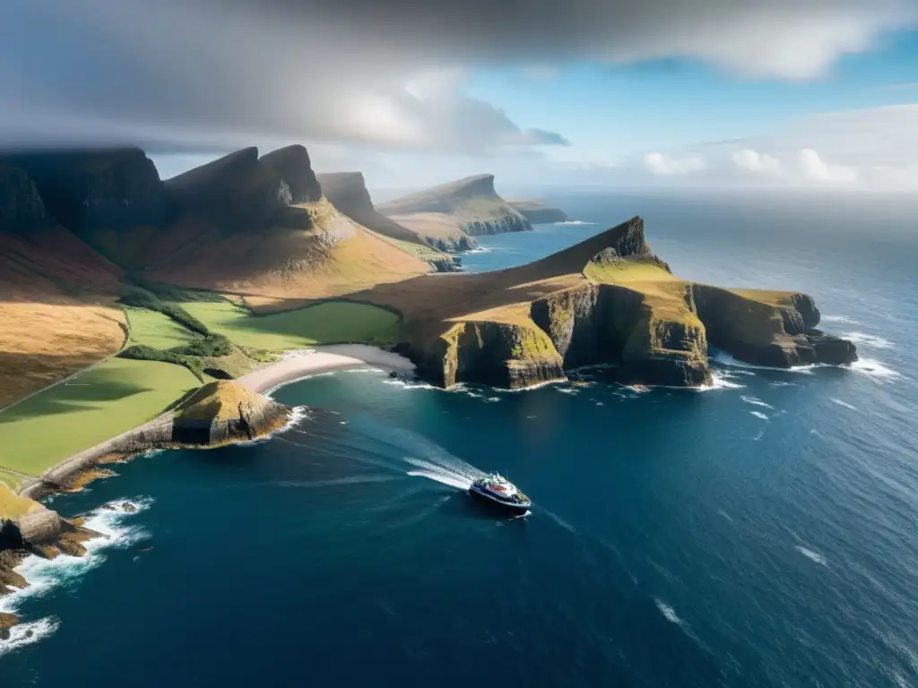 Costa escocesa remota: belleza salvaje y misteriosa Exploración digital de remotas islas Escocia: paisaje dramático de acantilados, aguas azules y ferri en el horizonte, entre nubes y misterio