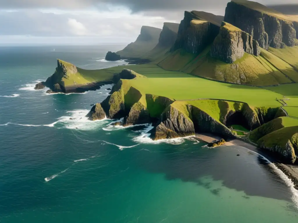 Costa escocesa remota: acantilados dramáticos y paisajes antiguos Exploración digital de las remotas islas de Escocia: acantilados, olas, ruinas y un velero solitario en un paisaje salvaje y majestuoso