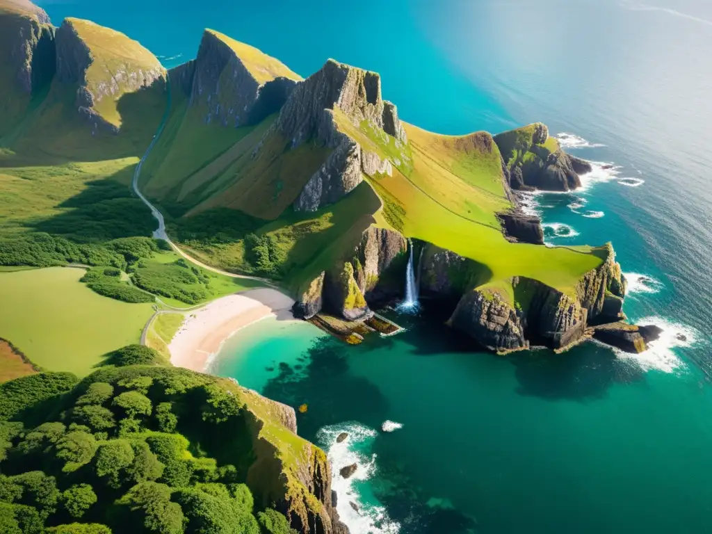 Costa escocesa: acantilados, aguas turquesas y ruinas Exploración digital de las remotas islas de Escocia: acantilados, aguas turquesas y ruinas antiguas bañadas por el cálido sol