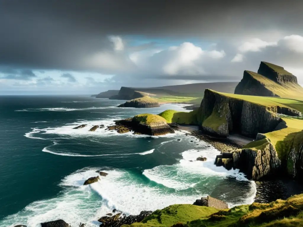 Costa salvaje de las remotas islas escocesas: belleza indómita y misterio Exploración digital de las remotas islas de Escocia: impresionante costa escarpada, olas rompientes y cielo nublado, con ruinas antiguas