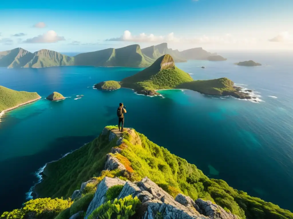 Explorador solitario captura paraíso remoto Exploración de islas remotas a través de fotografías: Fotógrafo solitario en acantilado, capturando la belleza de una isla virgen y misteriosa