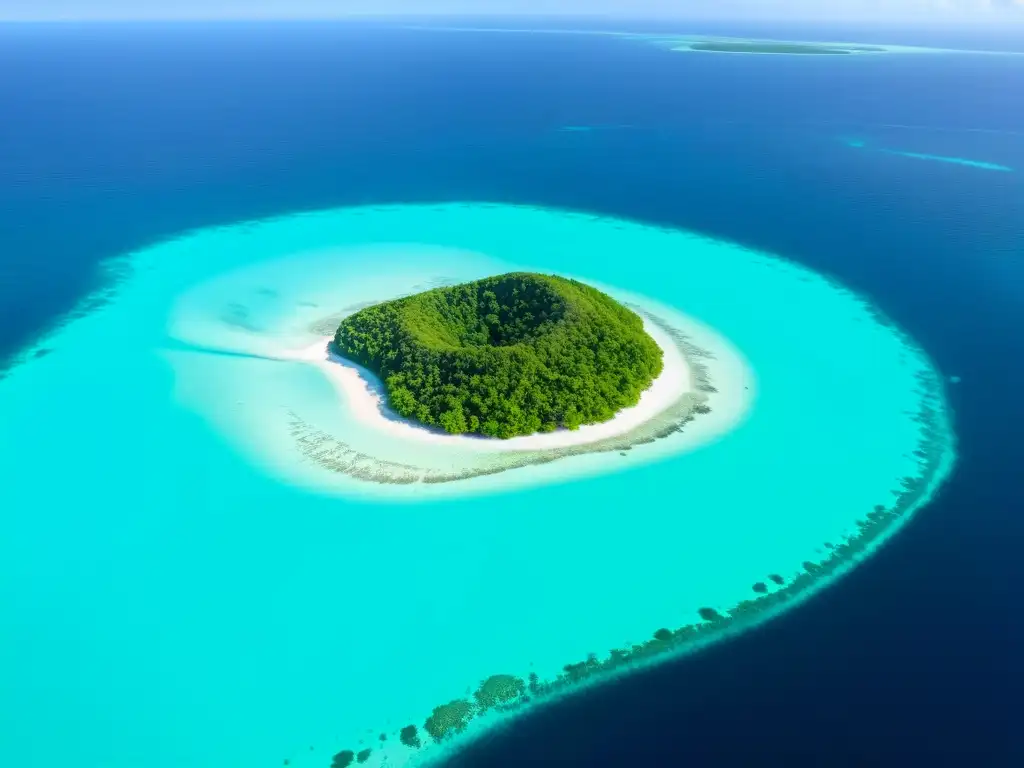 Isla paradisíaca: Agua turquesa, vegetación exuberante y arrecife vibrante Exploración de islas remotas a través de fotografías: Vista aérea de una isla deshabitada con aguas turquesas, vegetación exuberante y arrecifes de coral