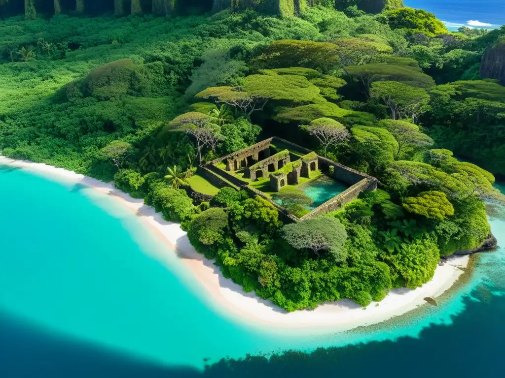 Ruinas polinesias en la exuberante vegetación: misterio histórico Exploración de reliquias y ruinas polinesias entre exuberante vegetación tropical y el mar turquesa, evocando misterio e historia