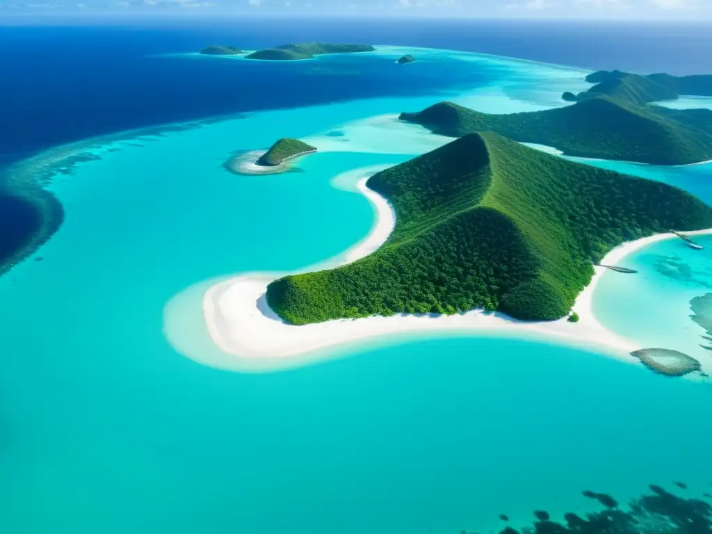 Espectacular vista aérea de las paradisíacas aguas turquesas de las remotas Islas Agalega Exploración de las remotas islas Mauricio: aguas turquesas, playas blancas y barcos pesqueros, en un paraíso intocado