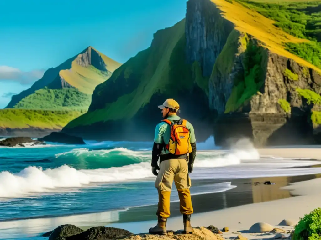 Explorador Intrépido Listo para la Aventura en Isla Remota Explorador en isla remota, listo para explorar con equipo protección exploración islas remotas, desafiando la naturaleza salvaje