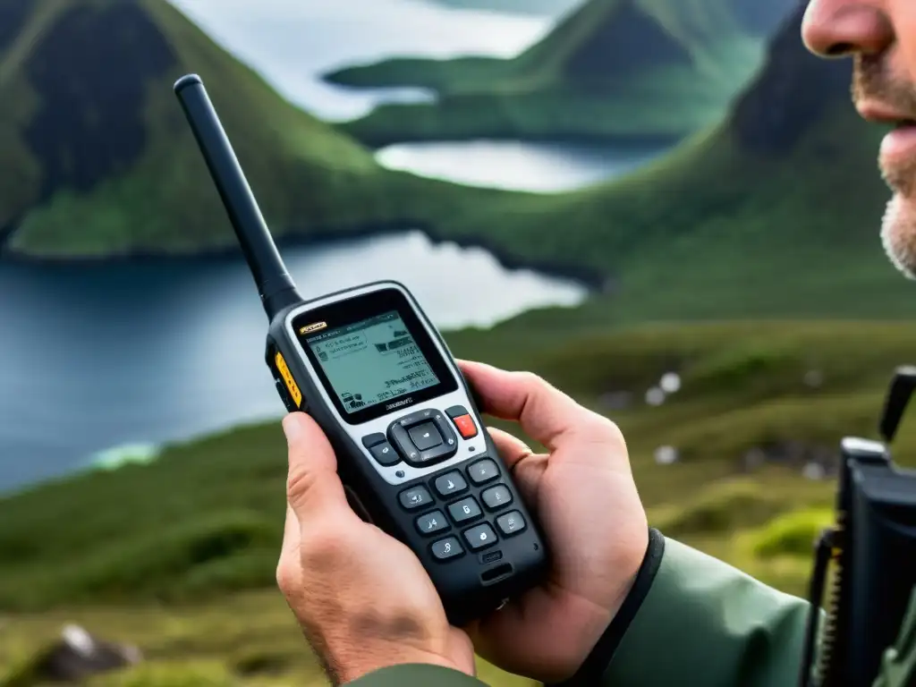 Explorador en isla remota usando teléfono satelital Un explorador utiliza un resistente teléfono satelital en una isla remota