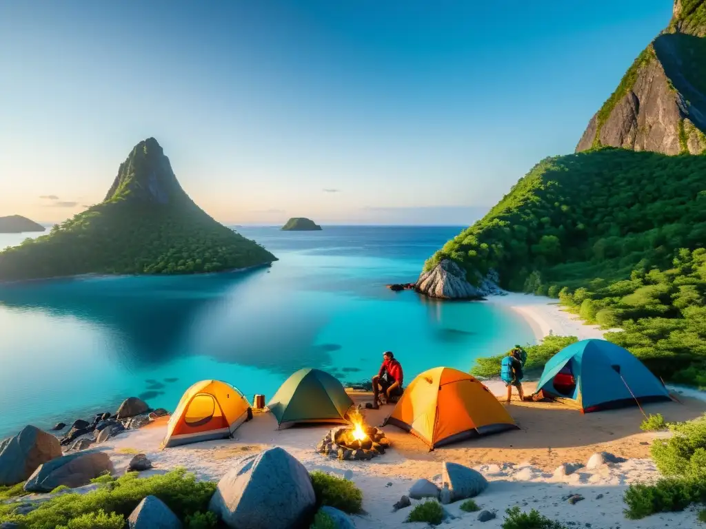 Exploradores montando campamento en isla remota Exploradores montan campamento en isla remota, rodeados de naturaleza exuberante y aguas cristalinas al atardecer